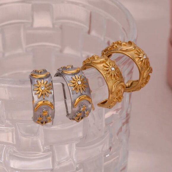 Sun and Moon Cubic Zirconia Gold Plated Ionic PVD Stainless Steel Hoop Earrings - Picture 2 of 3